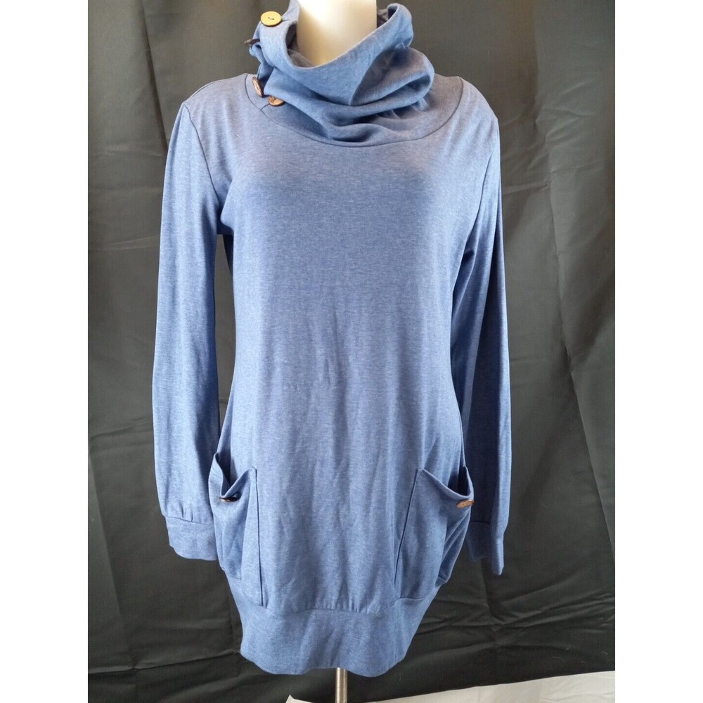 Levaca Womens Blue Cowl Neck Long Sleeve‎ Slimming Tunic Size M